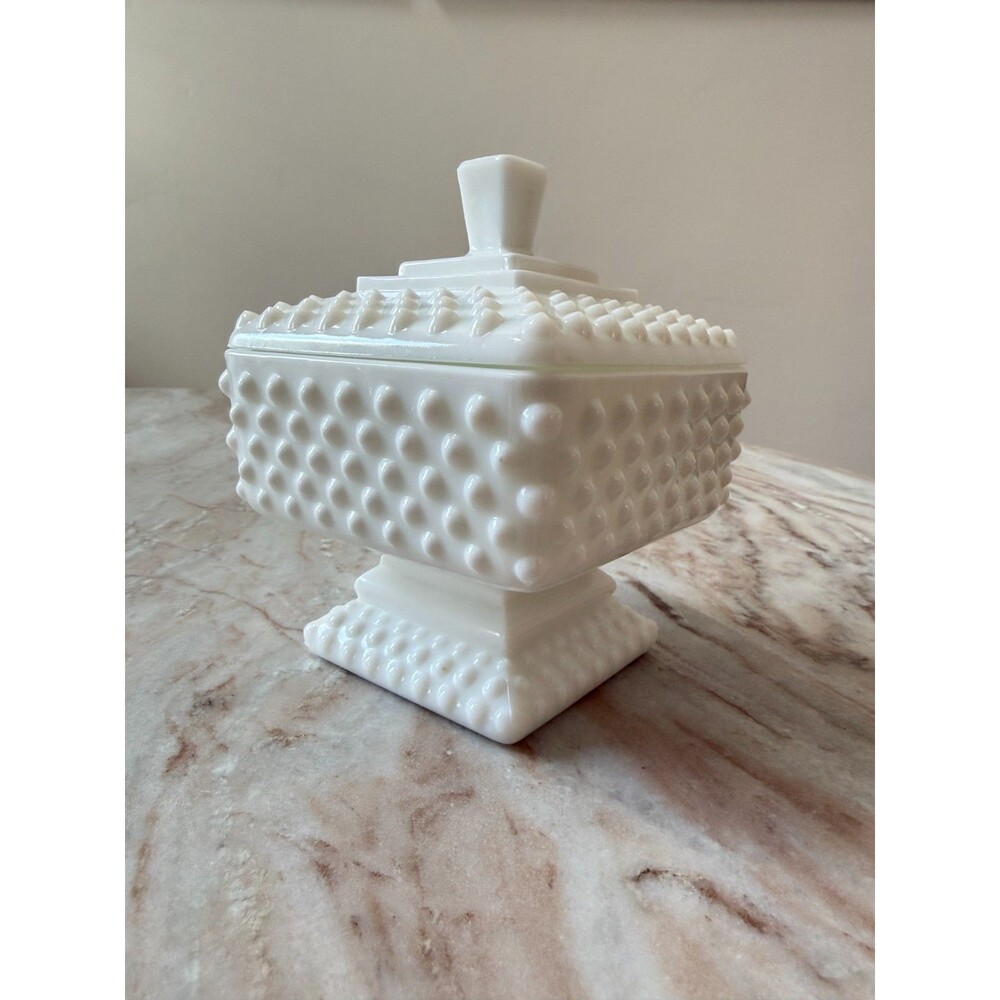 Vintage Fenton White Milk Glass Hobnail Square On Pedestal Candy Dish